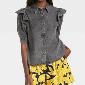 Who What Wear Ruffle Shoulder Short Sleeve Button Down Gray Acid Wash Top Medium